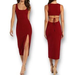 Lulus L Red Bodycon Midi Dress Tie Back Slit Sleeveless Cocktail Wedding Guest